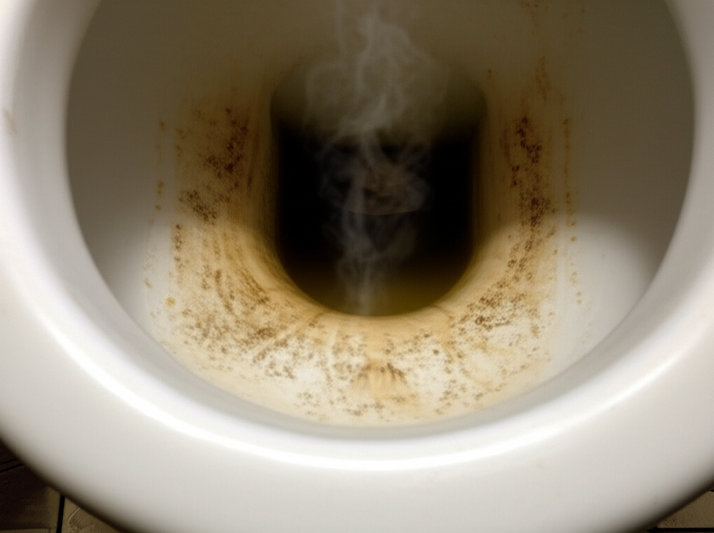 Vaso sanitário com manchas e sinais de falta de higiene, emitindo mau cheiro.