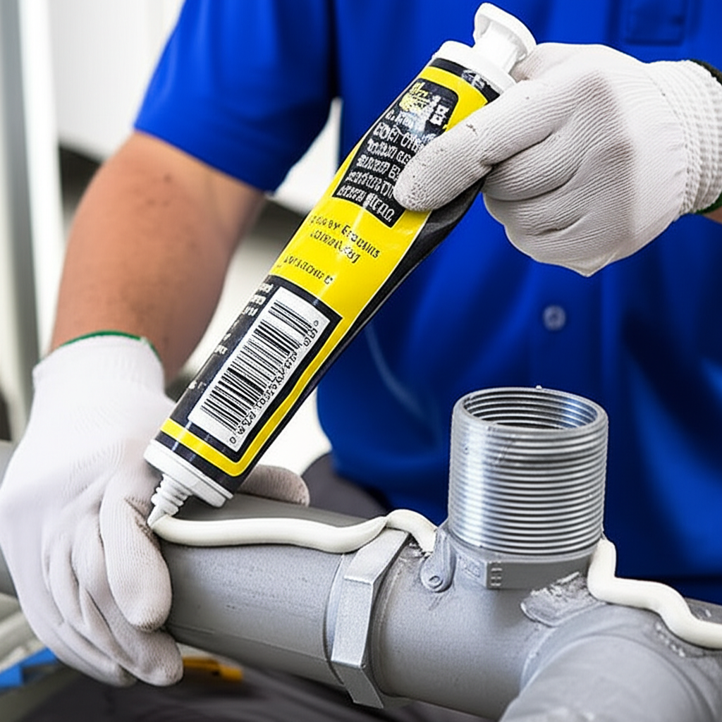Um profissional aplicando massa de vedação em uma junta de cano.