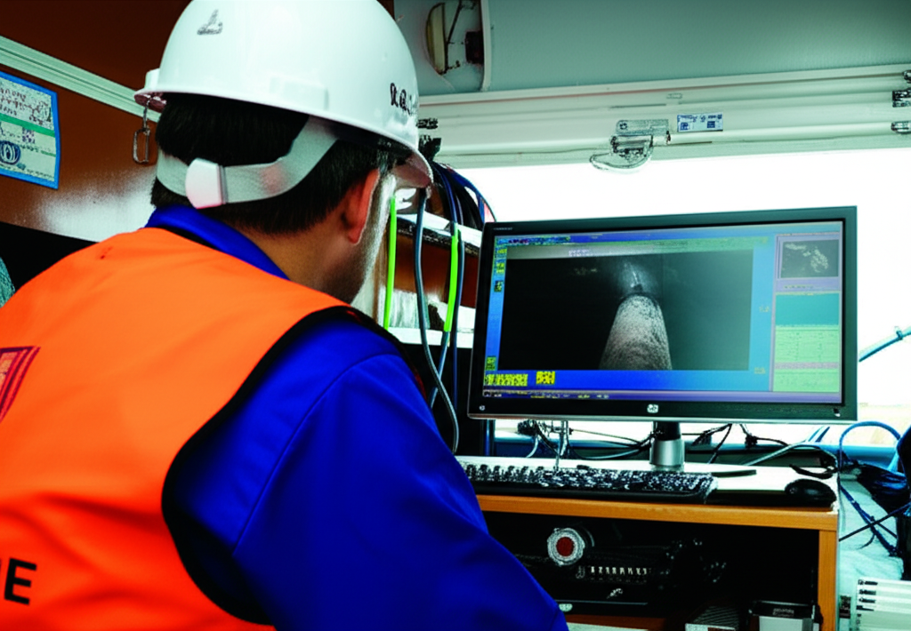 Técnico analisando imagens da sondagem de esgoto em um monitor.