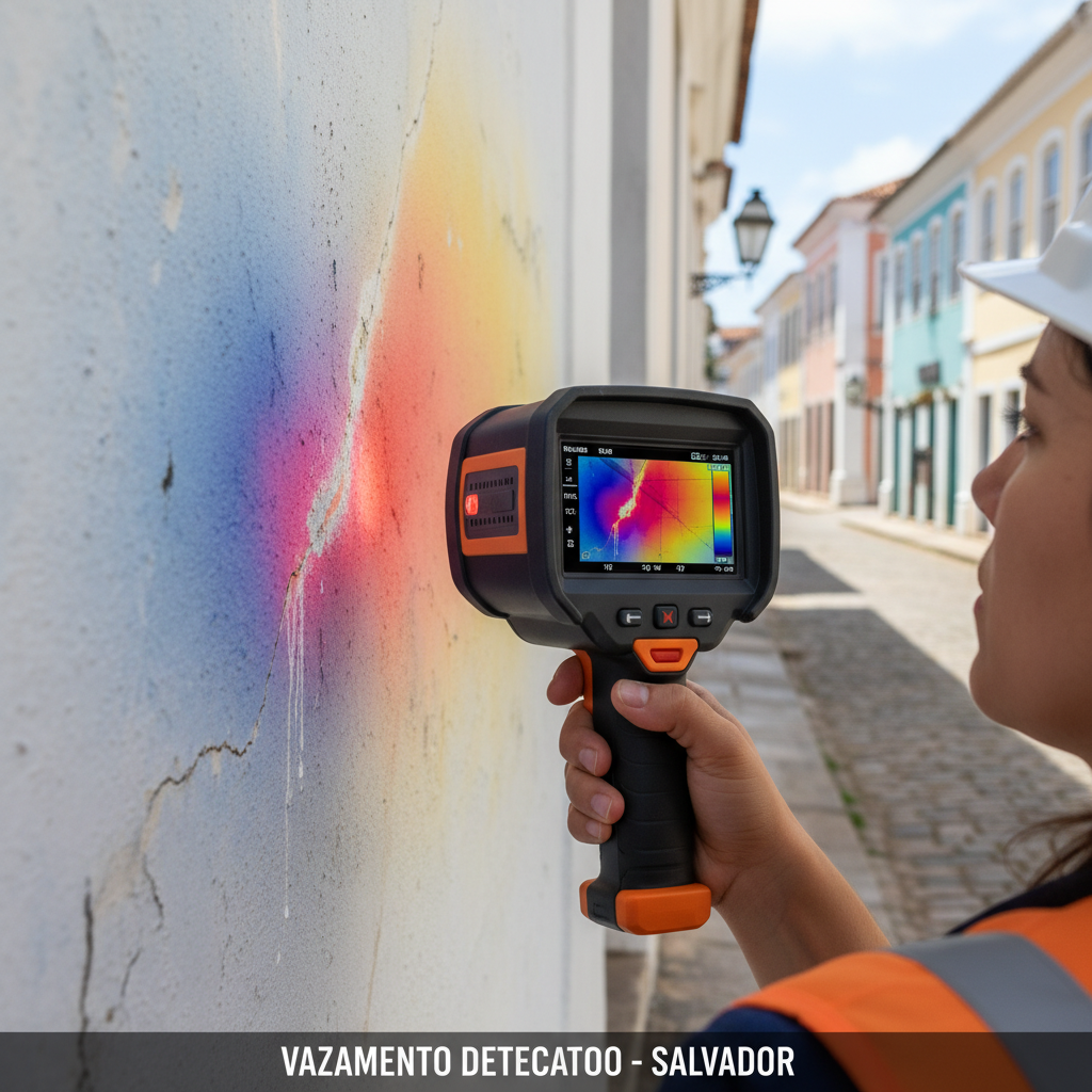 Câmera termográfica sendo utilizada para detectar vazamento em Salvador.