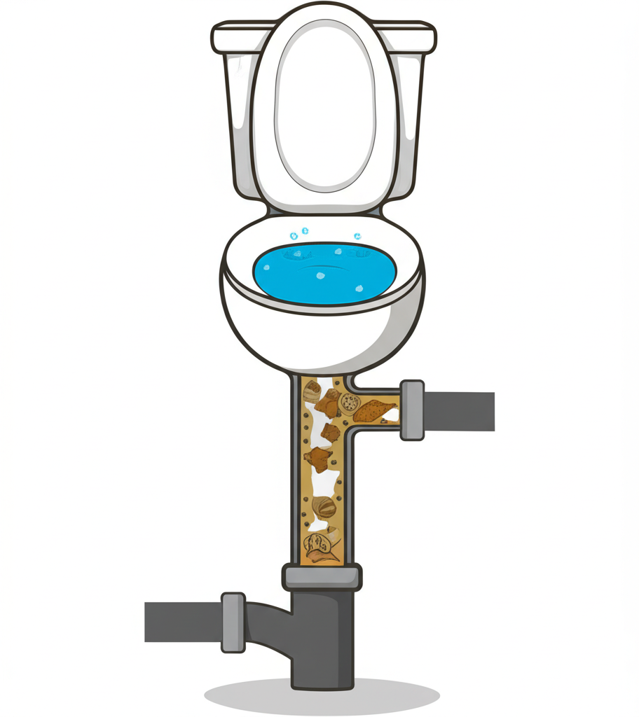 Ilustração de um cano de esgoto obstruído, mostrando o acúmulo de resíduos como causa de borbulhas no vaso.