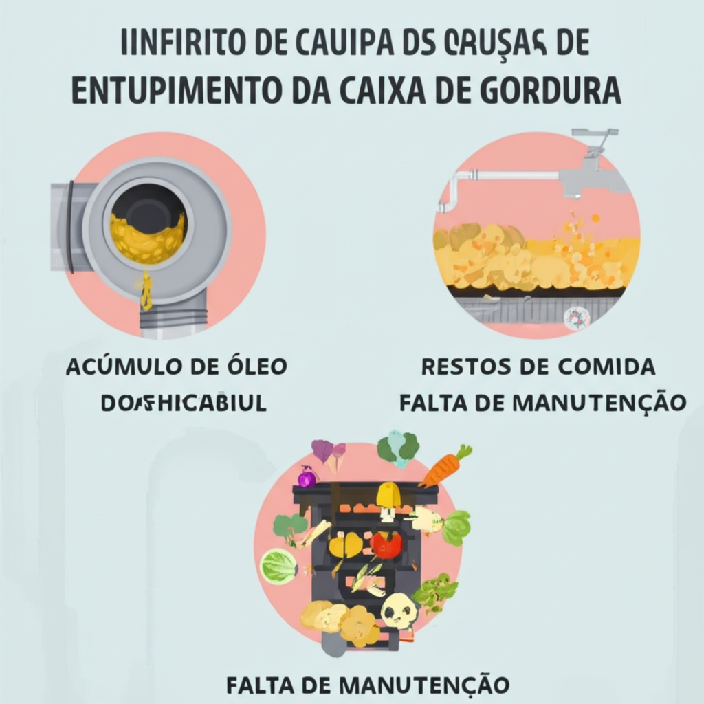 Infográfico mostrando as principais causas de entupimento da caixa de gordura, como acúmulo de óleo, restos de comida e falta de manutenção.