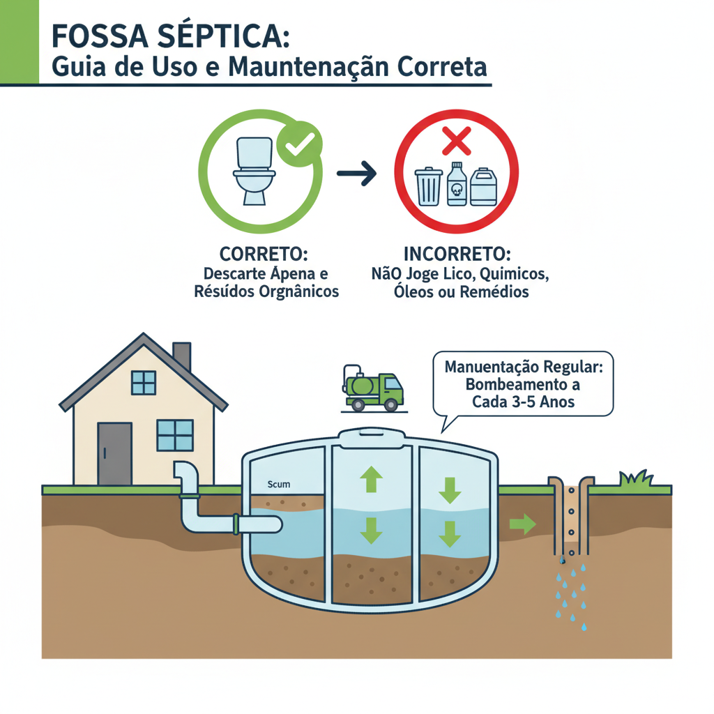 Ilustração de práticas corretas para o uso e manutenção de uma fossa séptica, como evitar o descarte de lixo e produtos químicos.