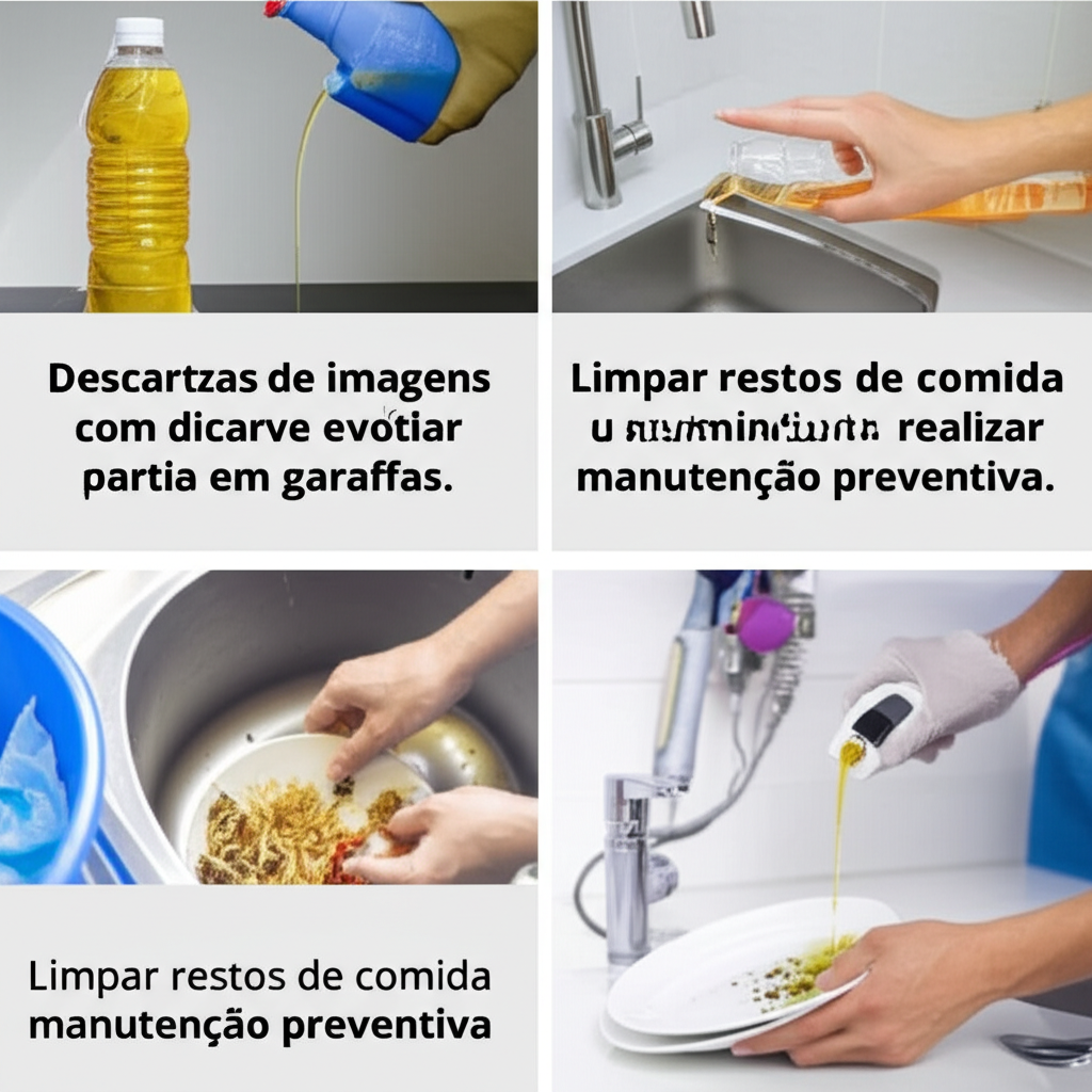 Montagem de imagens com dicas para evitar entupimentos, como descartar óleo em garrafas, limpar restos de comida e realizar manutenção preventiva.