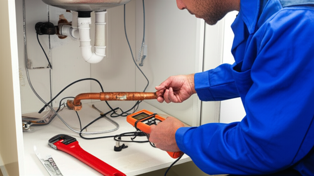 Encanador profissional utilizando equipamentos para diagnosticar e solucionar problemas em tubulações.