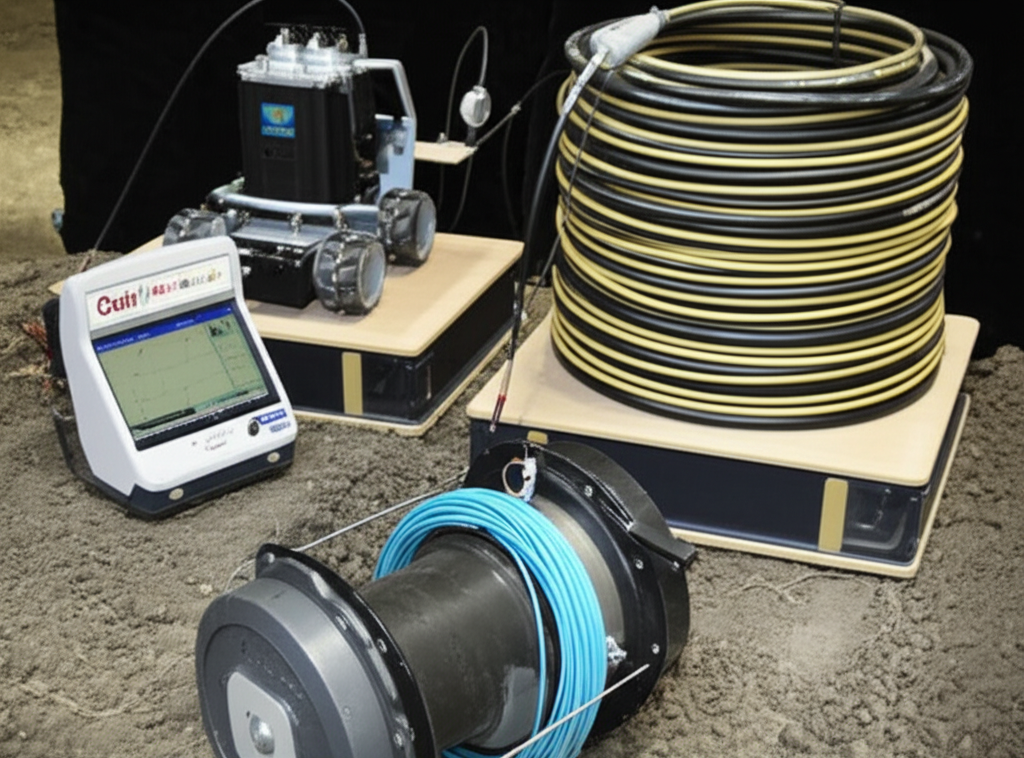 Equipamentos modernos utilizados na sondagem de esgoto, incluindo câmera de inspeção e sonda.