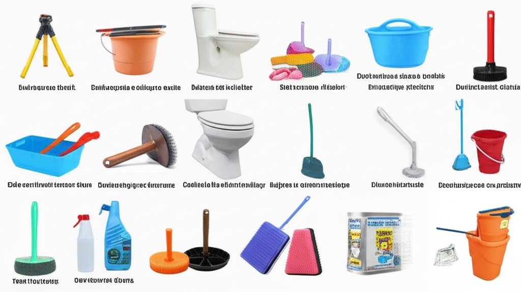Diferentes ferramentas e produtos que podem ser utilizados para desentupir um vaso sanitário.