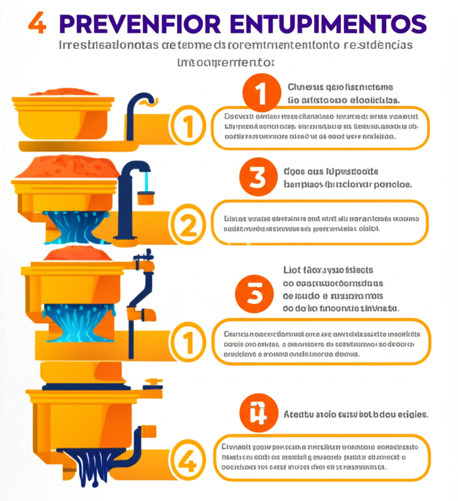 Imagem com um infográfico listando dicas e boas práticas para prevenir entupimentos em residências.
