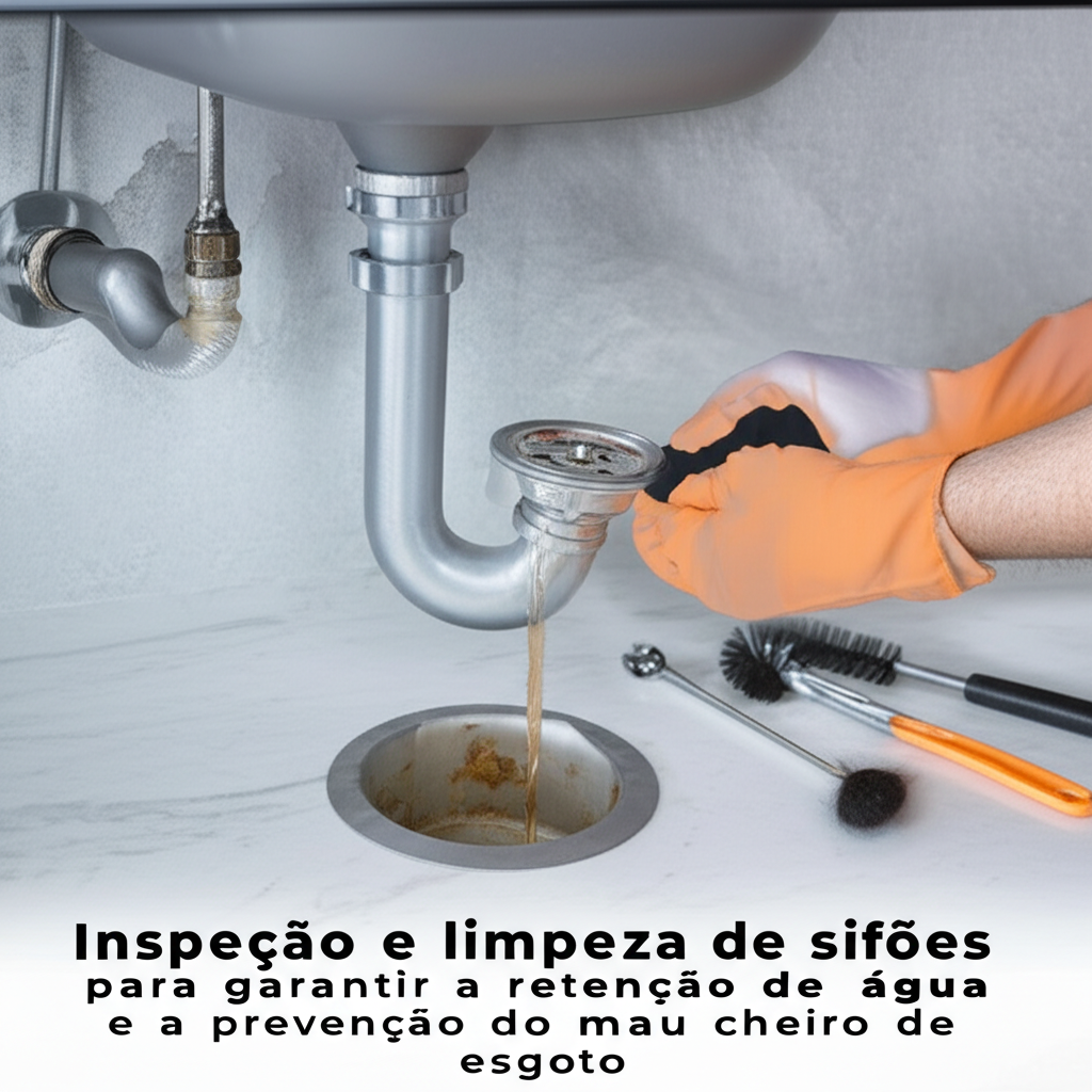 Inspeção e limpeza de sifões para garantir a retenção de água e a prevenção do mau cheiro de esgoto.