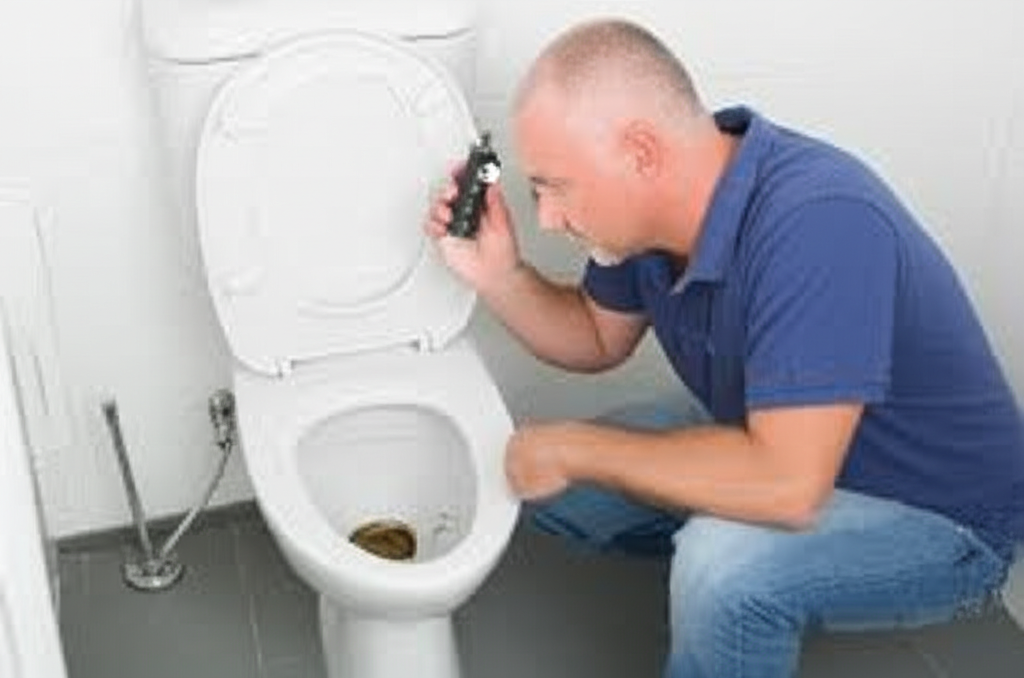 Homem inspecionando o vaso sanitário em busca de sinais de obstrução ou problemas na tubulação.