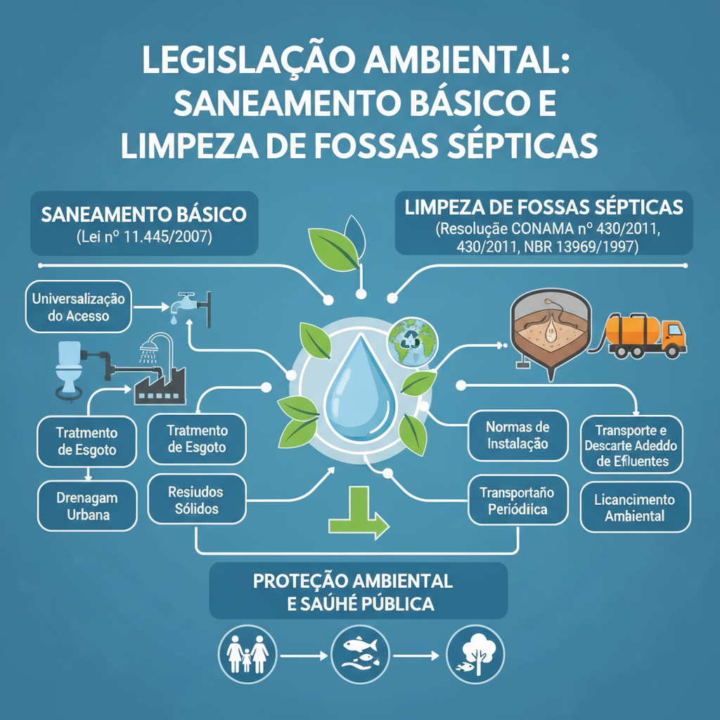 Representação gráfica da legislação ambiental relacionada ao saneamento básico e à limpeza de fossas sépticas.