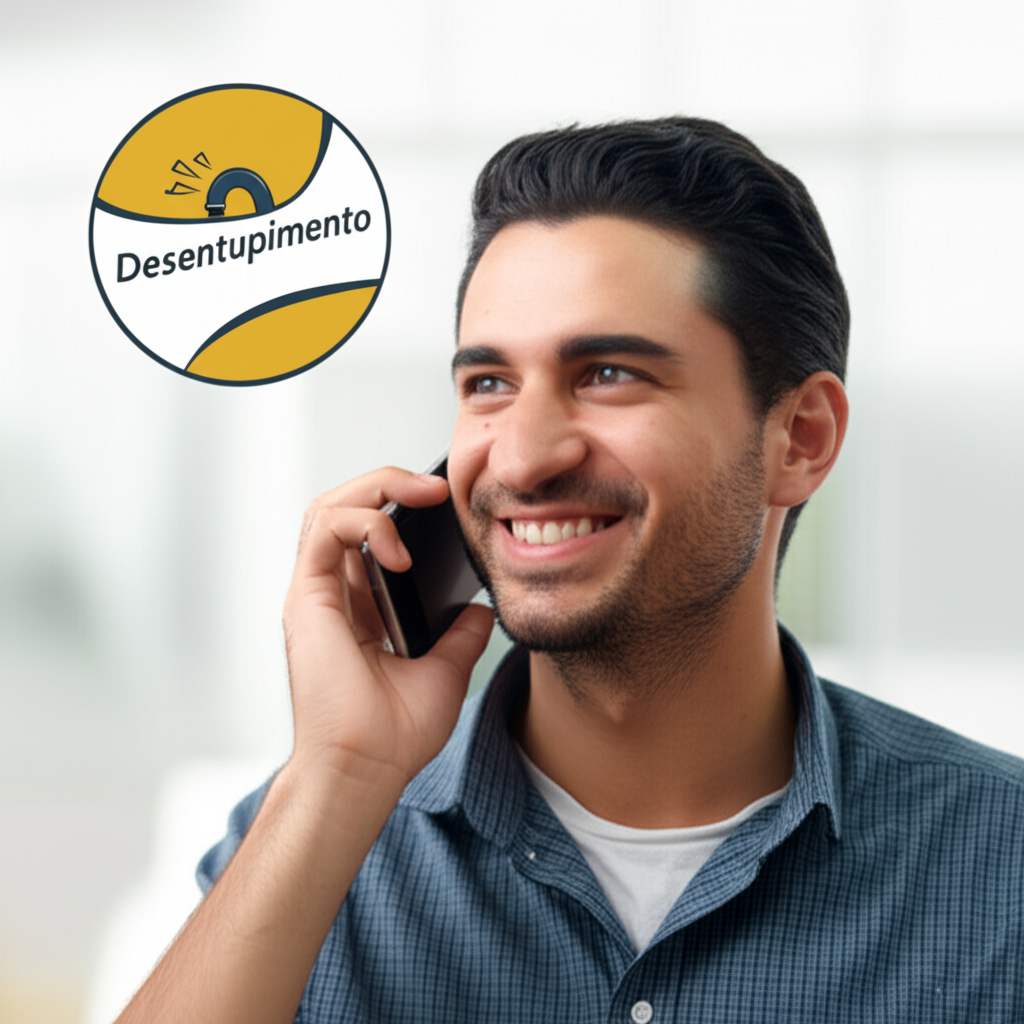 Imagem de uma pessoa ligando para um profissional de desentupimento e solicitando um orçamento.