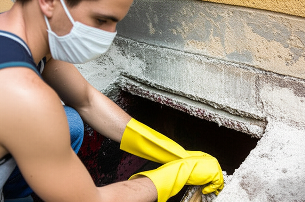 Homem utilizando luvas e máscara para realizar a limpeza da caixa de gordura.