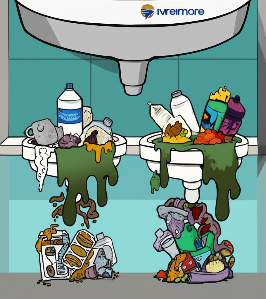 Imagem ilustrativa de lixo sendo descartado incorretamente em pias e vasos sanitários, causando entupimentos.