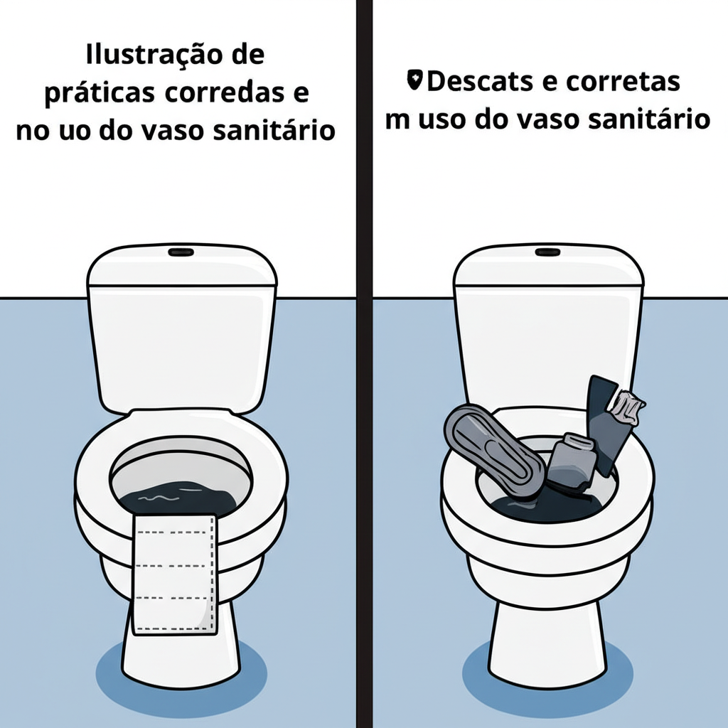 Ilustração de práticas corretas e incorretas no uso do vaso sanitário, destacando a importância de evitar o descarte inadequado de objetos.