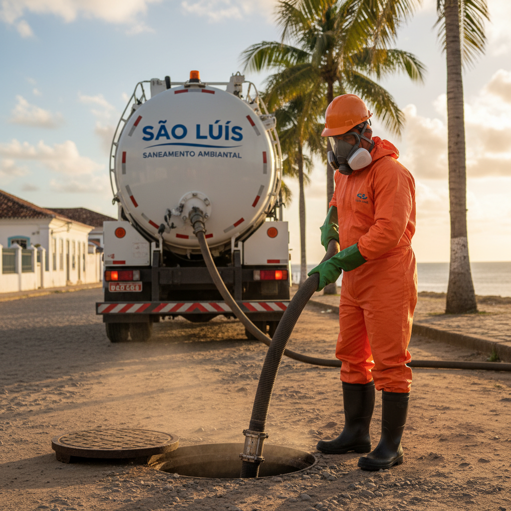 Profissional de limpa fossa utilizando equipamentos de proteção individual durante a realização do serviço em São Luís.
