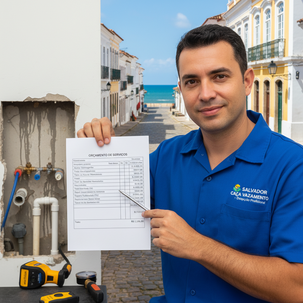 Profissional de caça vazamento em Salvador apresentando orçamento.