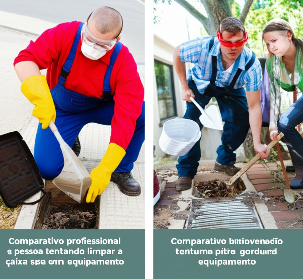 Comparativo entre profissional equipado e pessoa tentando limpar a caixa de gordura sem equipamento.