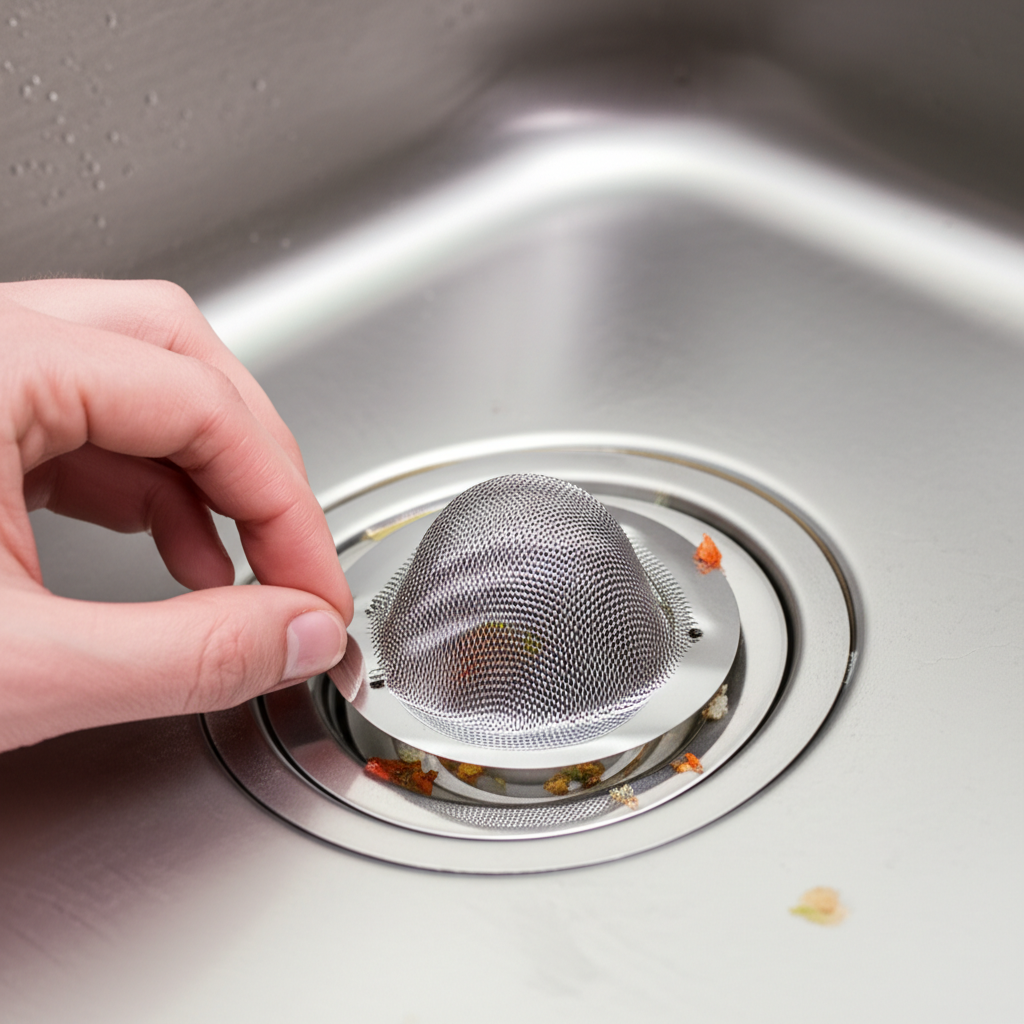 Uma pessoa instalando um filtro de ralo para evitar que detritos entrem nas tubulações.