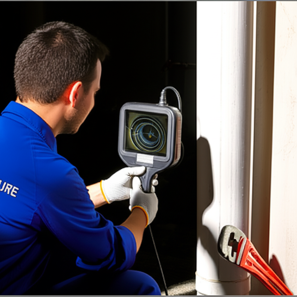 Um encanador profissional utilizando ferramentas especializadas para inspecionar e reparar tubulações.