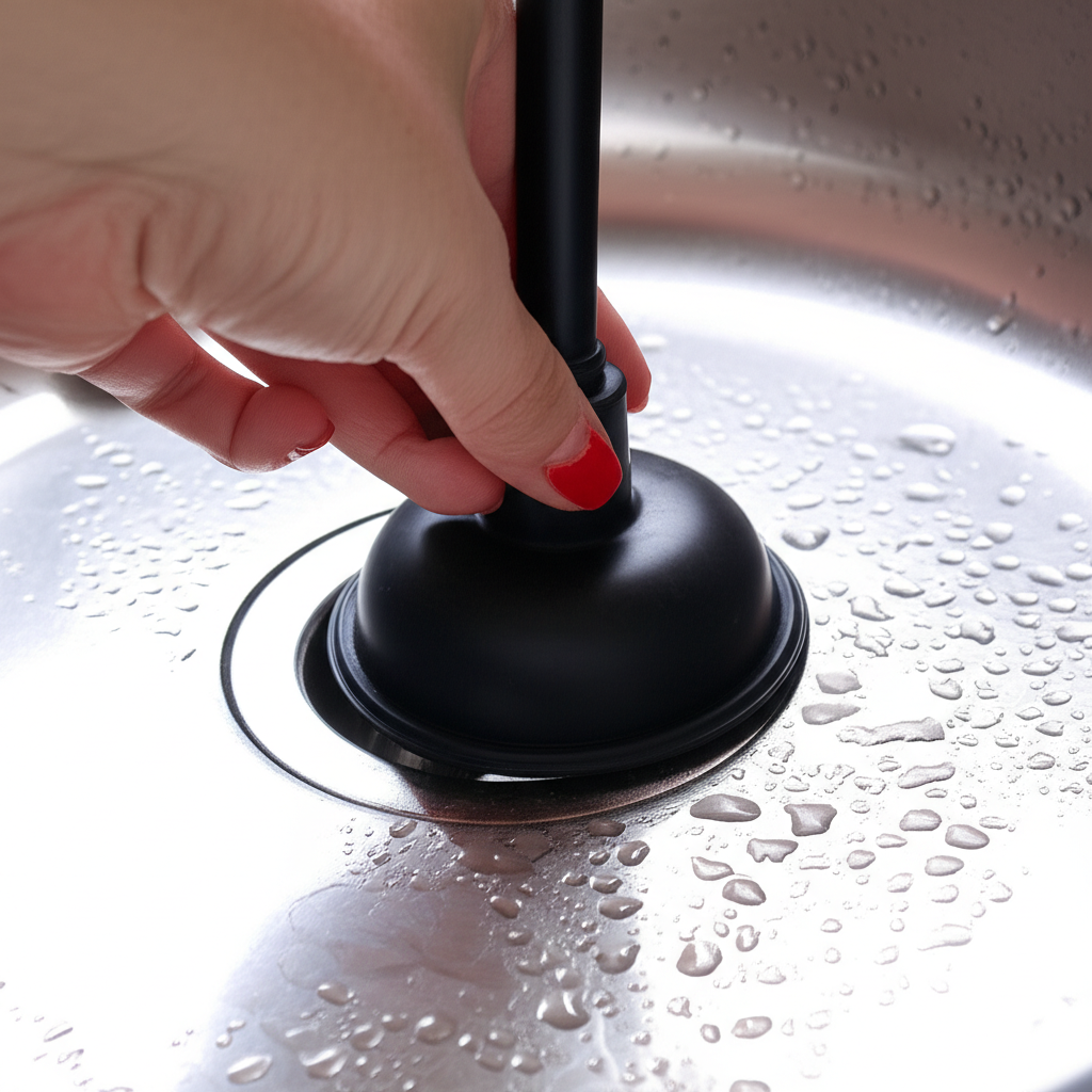 Uma pessoa utilizando um desentupidor de borracha em um ralo, tentando remover uma obstrução.
