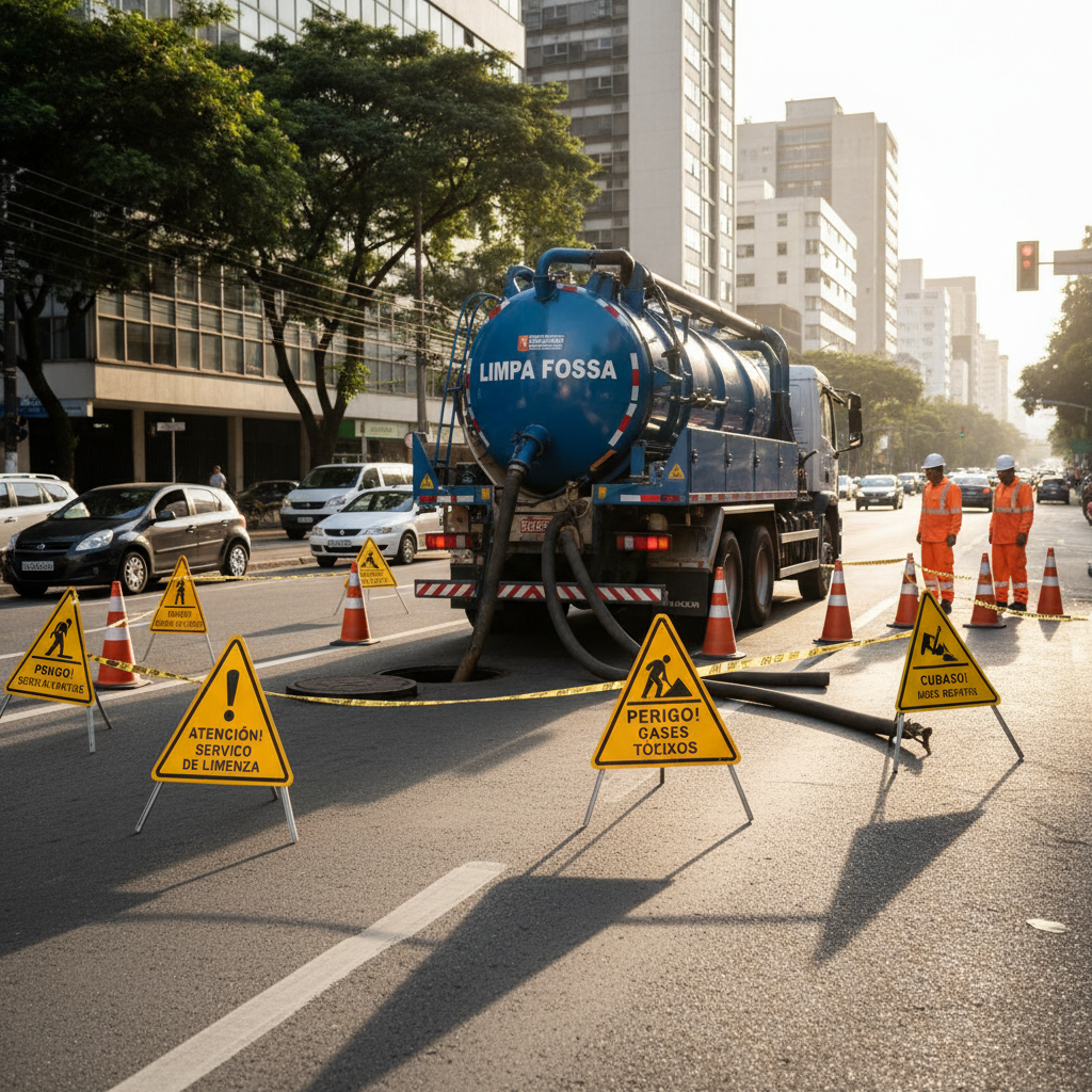 Sinalização de segurança durante a realização de serviços de limpa fossa em área urbana.