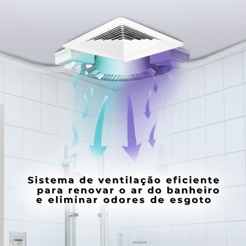 Sistema de ventilação eficiente para renovar o ar do banheiro e eliminar odores de esgoto.
