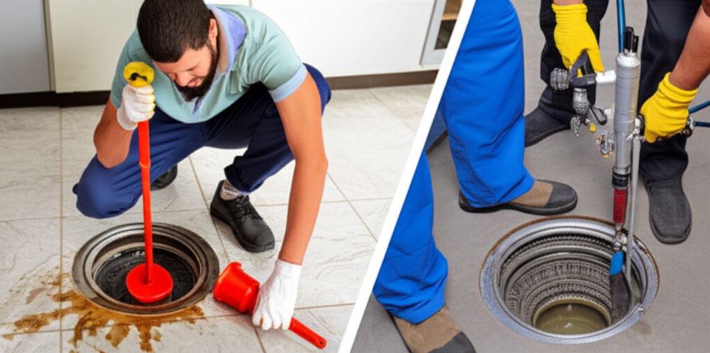 Imagem comparativa mostrando uma pessoa tentando desentupir a caixa de gordura com um desentupidor manual e um profissional utilizando equipamentos modernos.