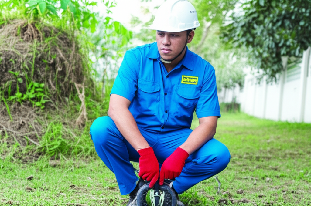 Técnico realizando sondagem de esgoto em área verde, demonstrando preocupação com o meio ambiente.