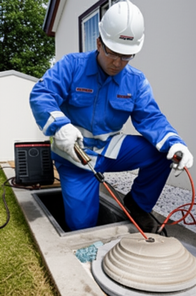 Técnico realizando sondagem de esgoto preventiva em um sistema de esgoto residencial.