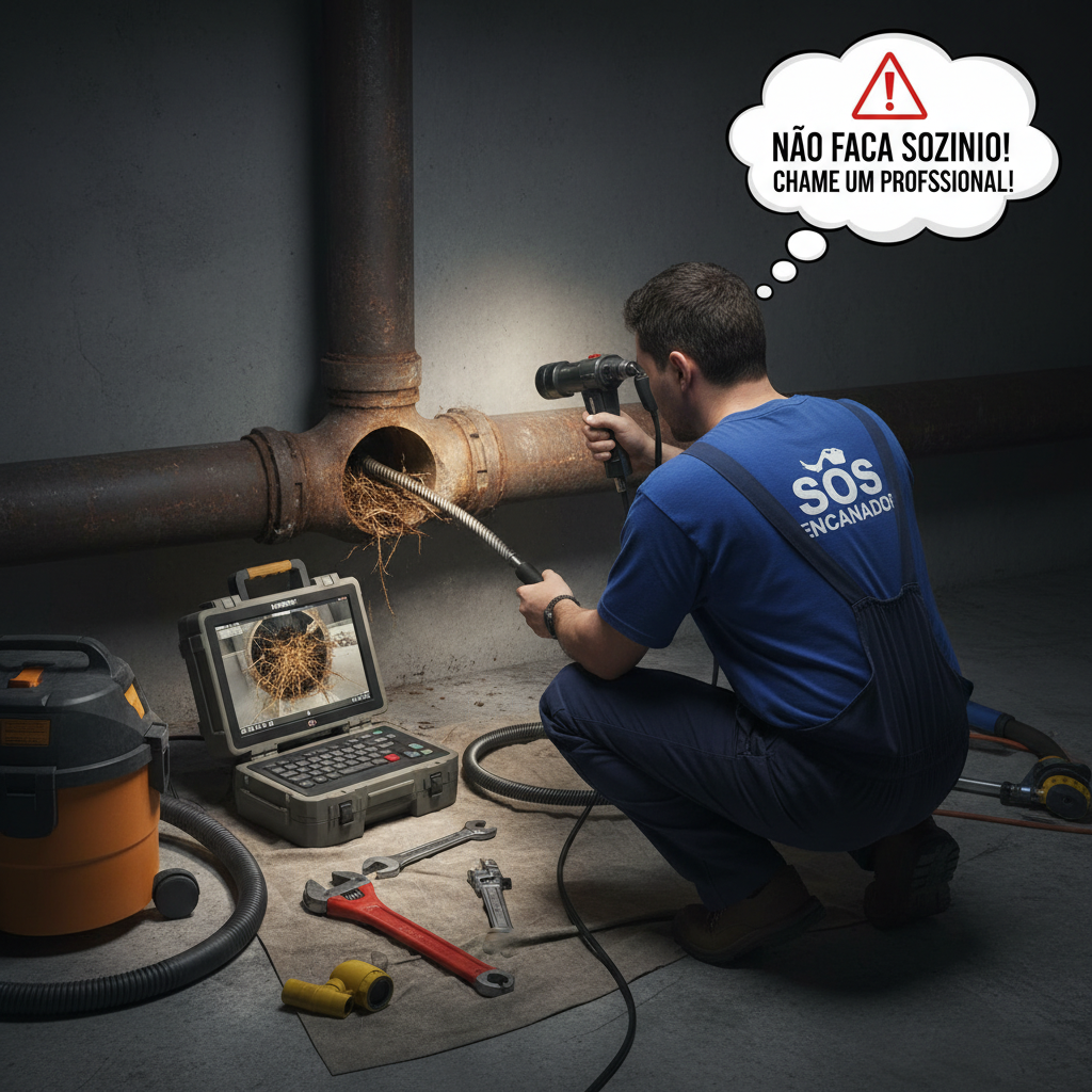 Um encanador profissional utilizando equipamentos especializados para inspecionar e desobstruir um cano, indicando a necessidade de ajuda profissional.