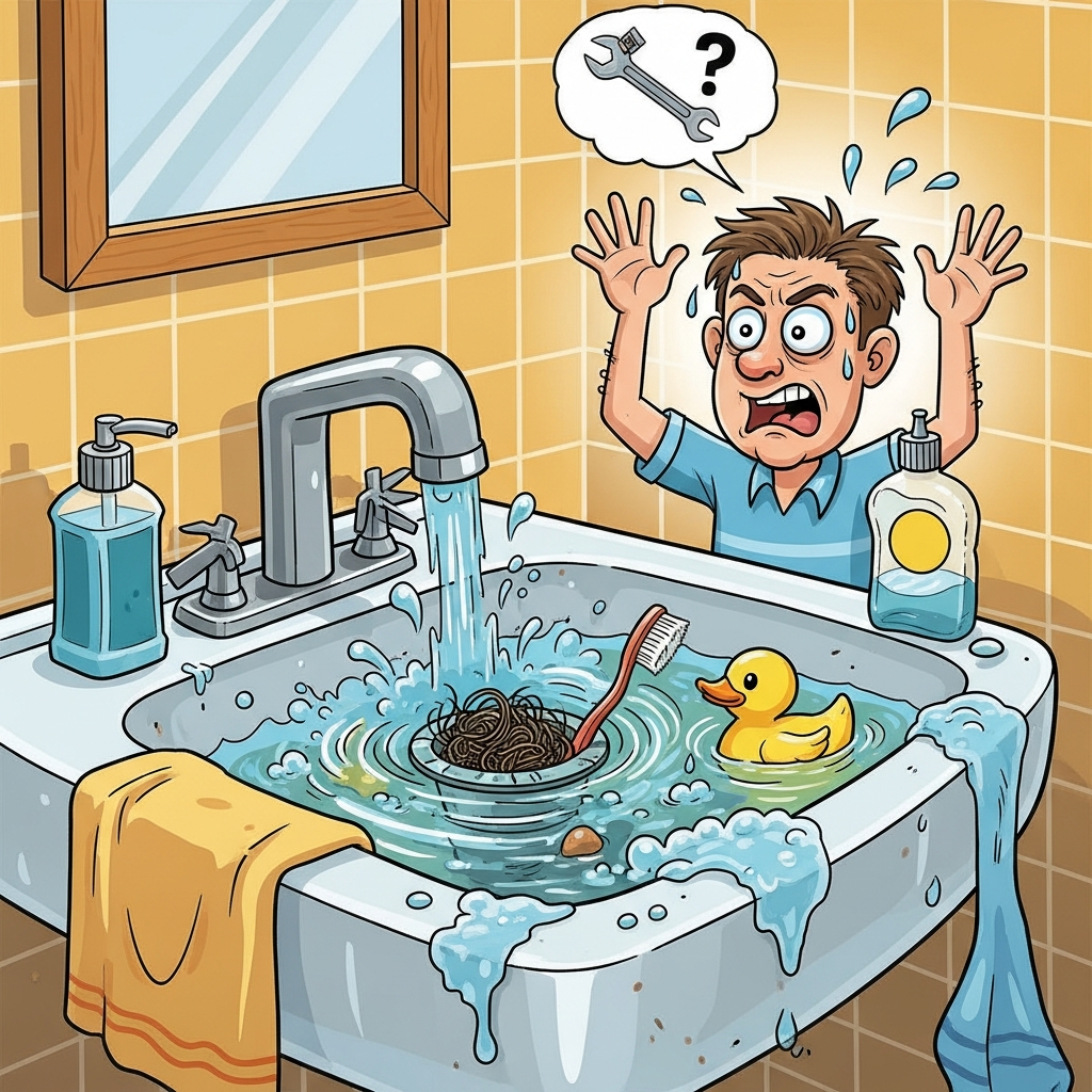 Ilustração de um ralo entupido com água retornando, destacando a frustração de um problema de encanamento.