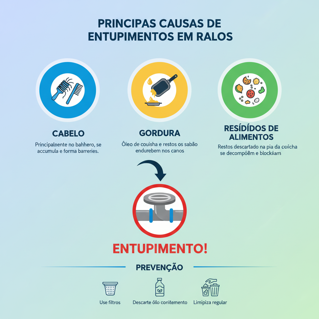 Infográfico detalhando as principais causas de entupimentos em ralos, incluindo acúmulo de cabelo, gordura e resíduos de alimentos.