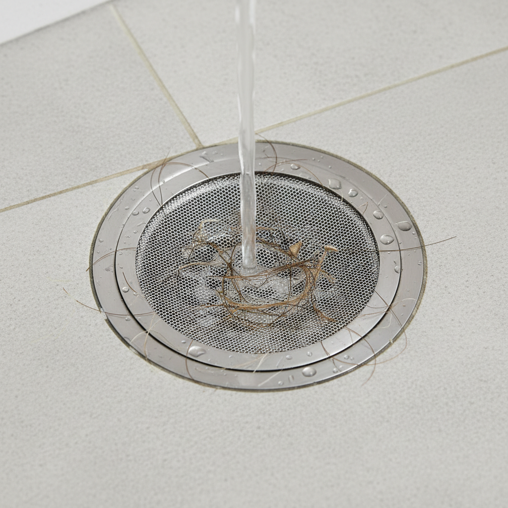 Imagem mostrando um protetor de ralo instalado em um ralo de chuveiro, prevenindo o acúmulo de cabelo e outros detritos.