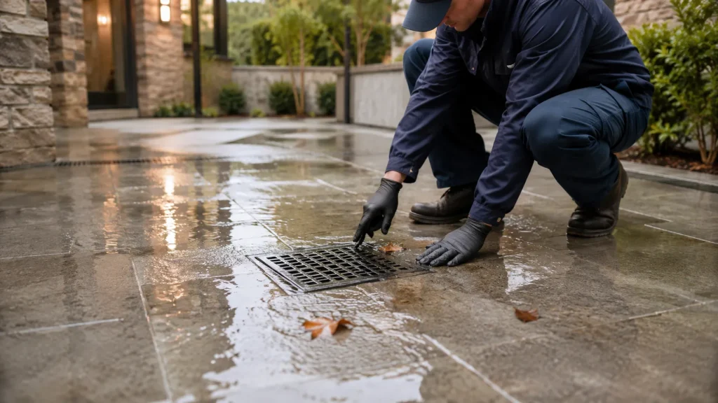 Ralo externo com água acumulada indicando sinais de rede pluvial obstruída.