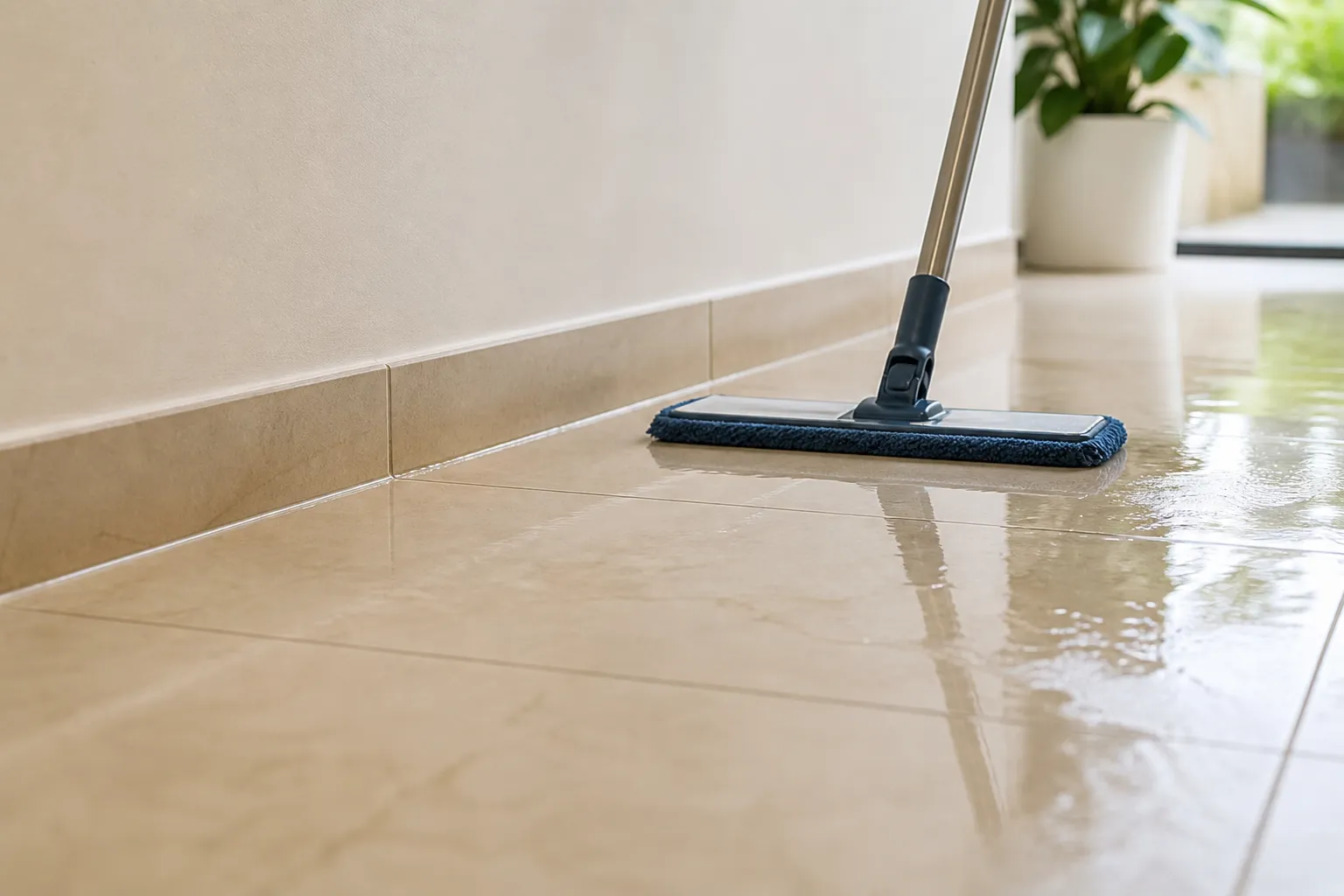 Água ativa aparece em piso residencial próximo à parede.