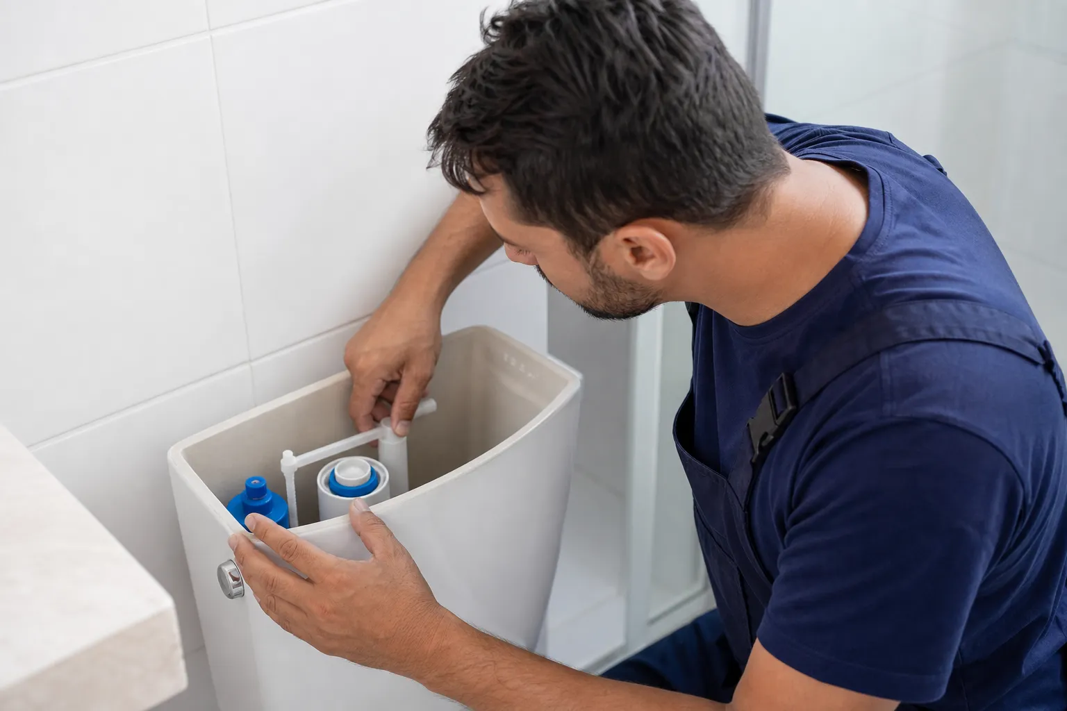 Pequena lâmina de água no piso do banheiro próxima ao vaso sanitário, indicando vazamento silencioso.