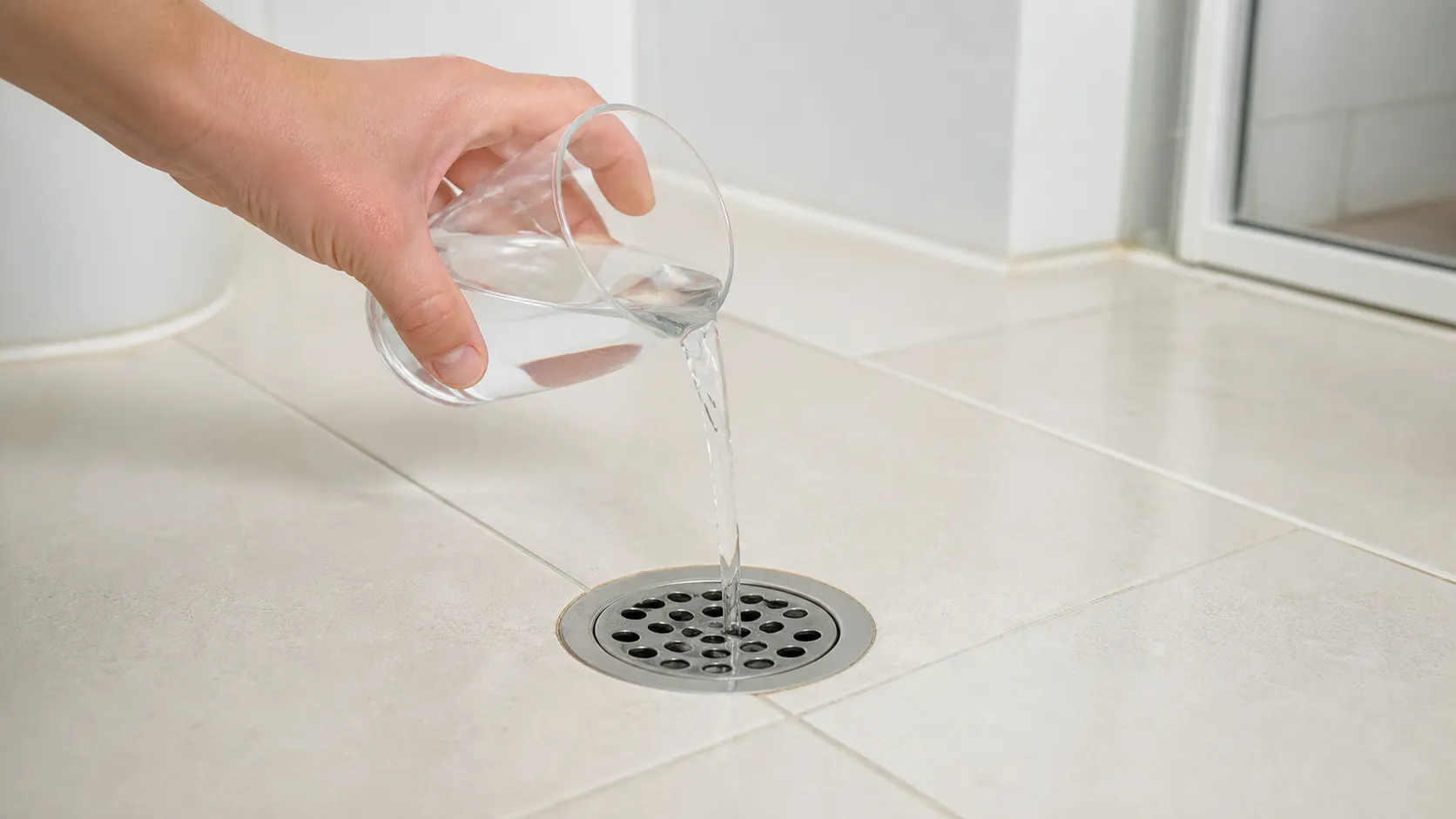 Água limpa é despejada em ralo de banheiro para manter o fecho hídrico.