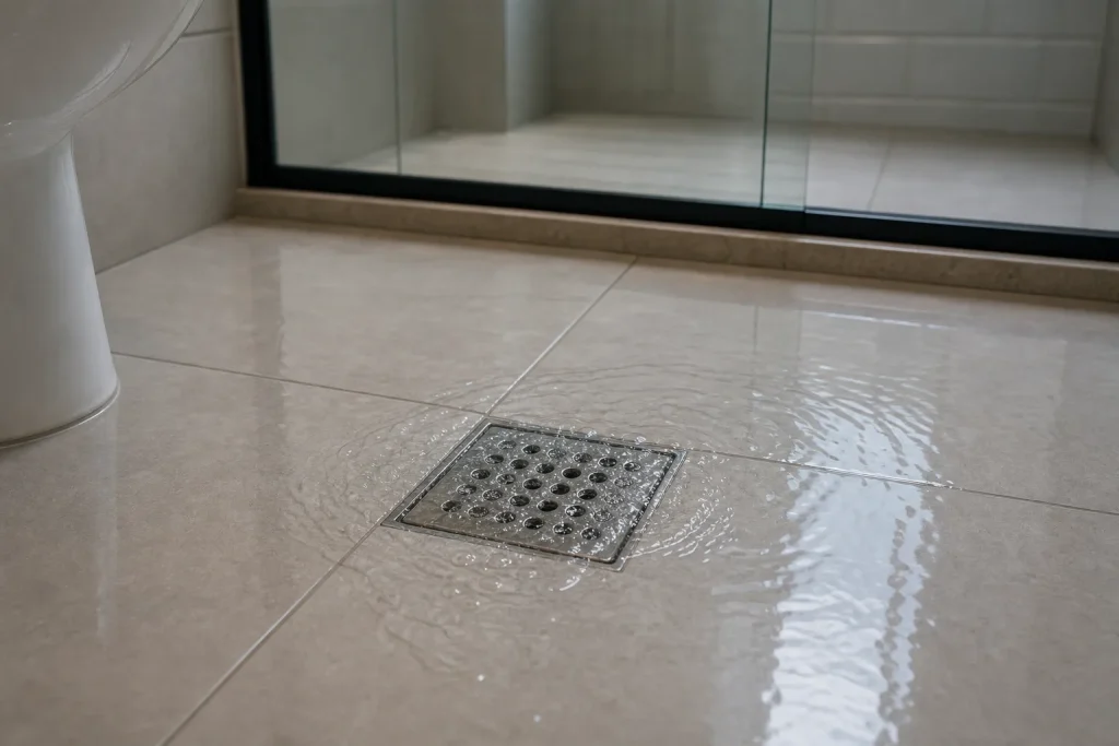 Água retornando por ralo de banheiro em apartamento, indicando possível obstrução na tubulação.