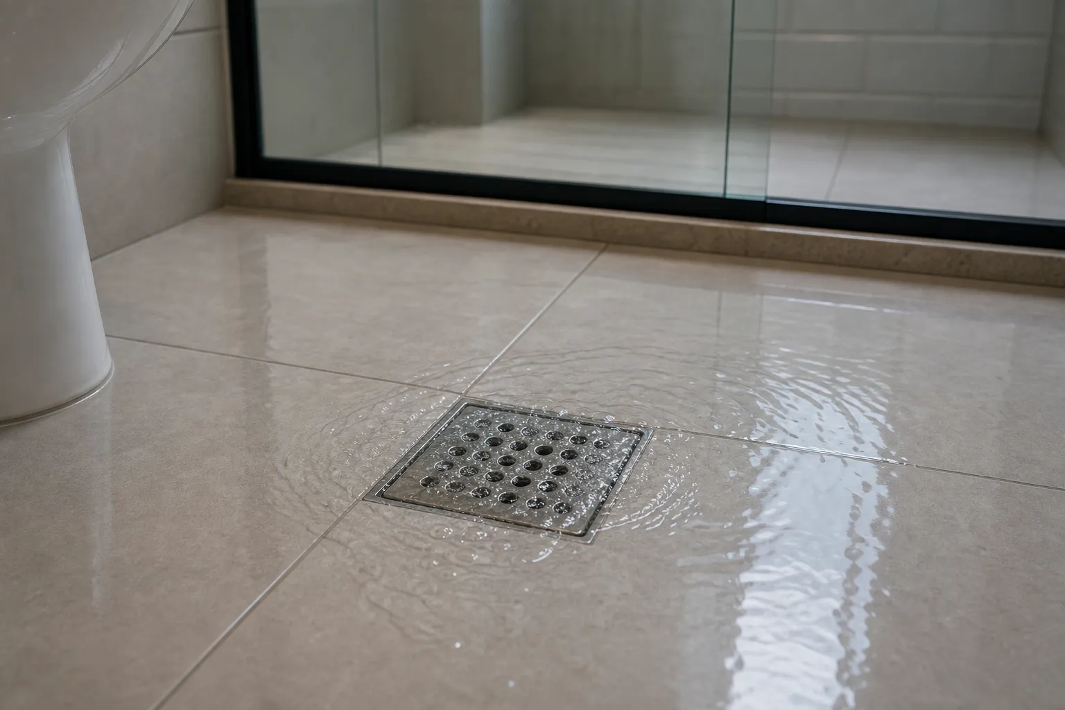 Água retornando por ralo de banheiro em apartamento, indicando possível obstrução na tubulação.