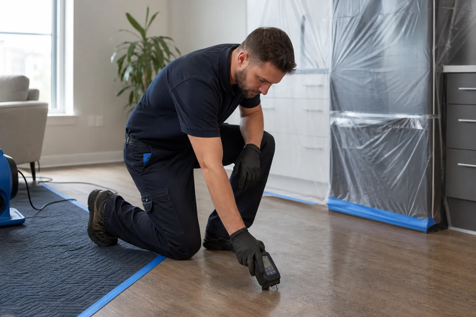 Técnico avalia umidade em piso residencial com equipamento portátil de medição.