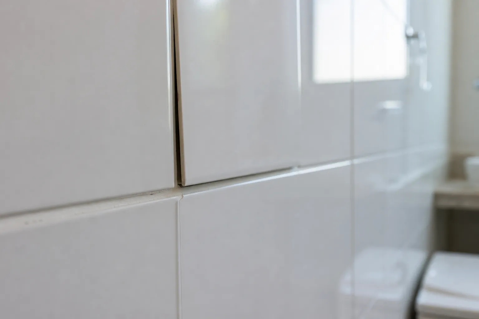 Azulejo de banheiro com afastamento e fissura perto do rejunte.