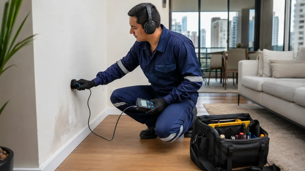 Técnico realizando caça vazamento em Pinheiros com equipamento profissional e laudo técnico.