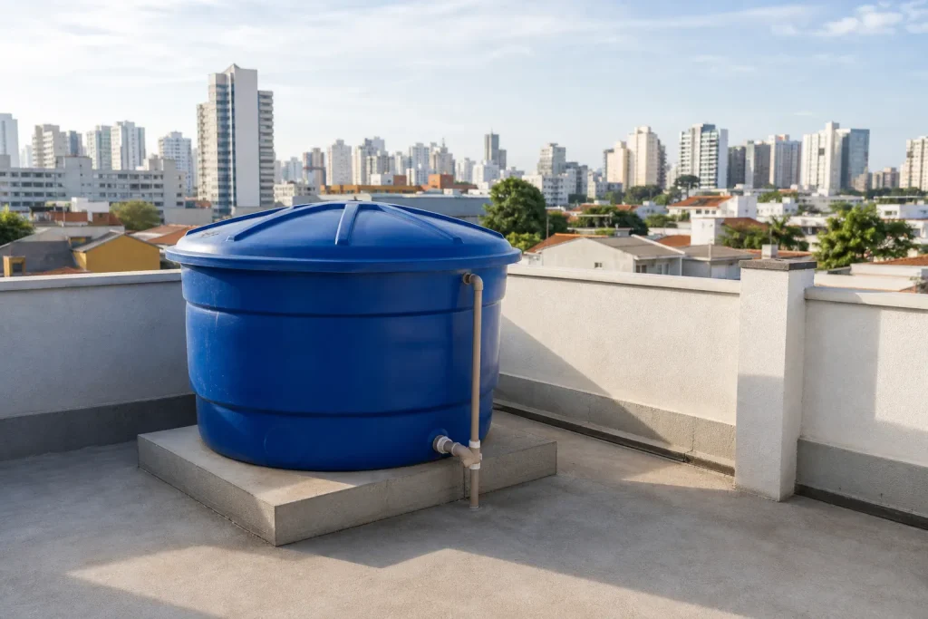 Caixa d’água em telhado sendo avaliada para limpeza preventiva