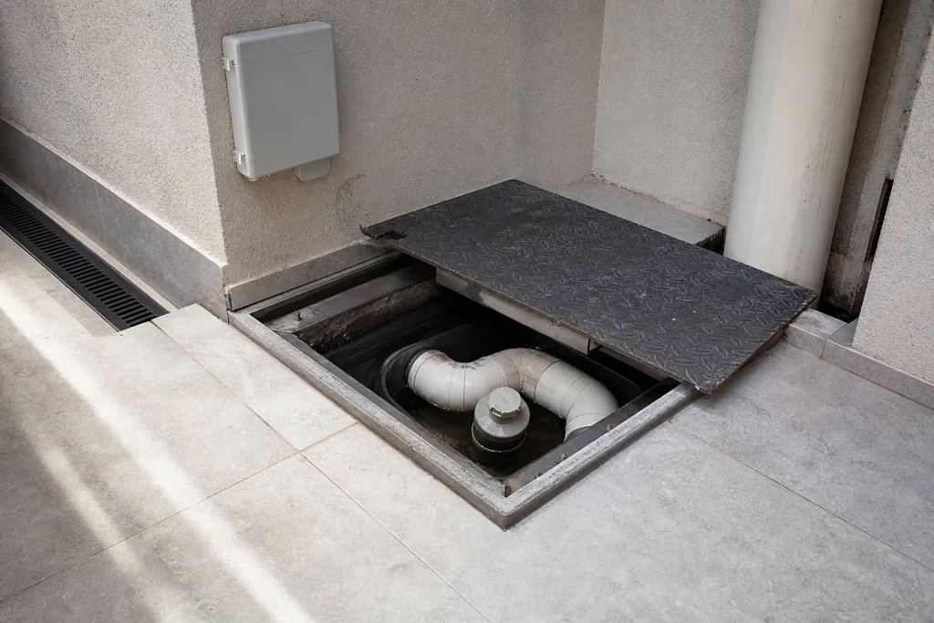 Caixa de gordura acessível em área técnica de condomínio residencial.