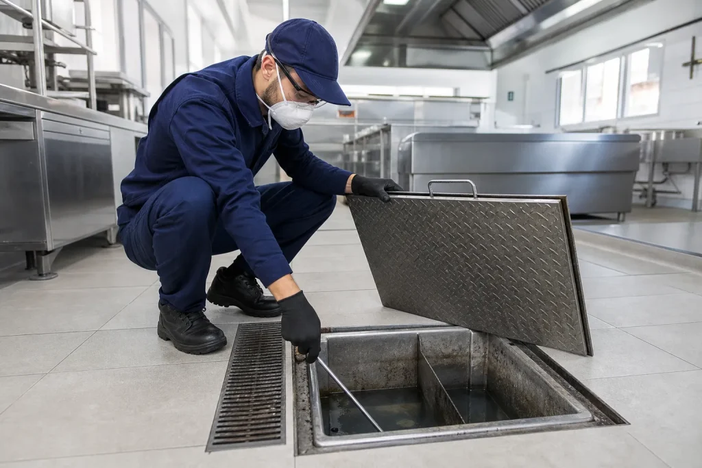 Técnico inspeciona caixa de gordura industrial antes da limpeza.