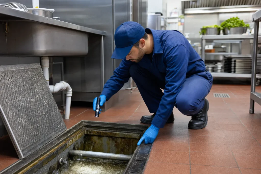 Técnico inspeciona caixa de gordura em restaurante antes da limpeza.