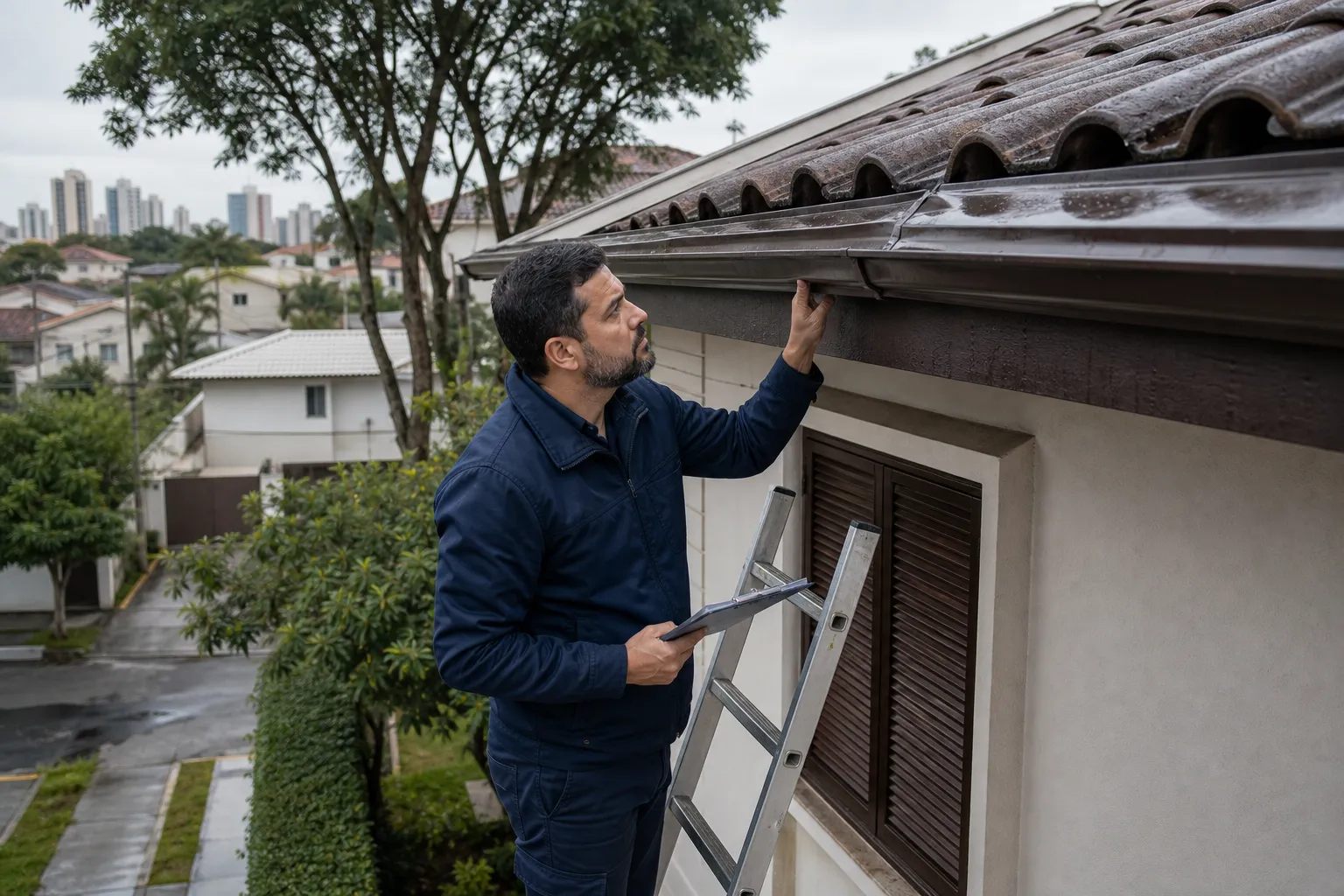 Técnico verifica calha e rufo na cobertura de um sobrado.