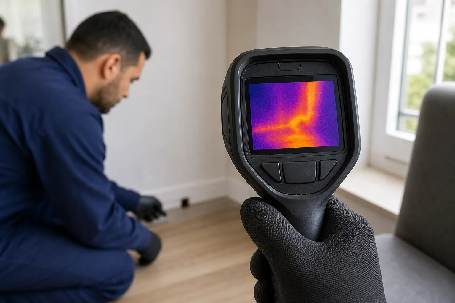 Monitor de câmera térmica mostrando mapa de calor em parede suspeita.