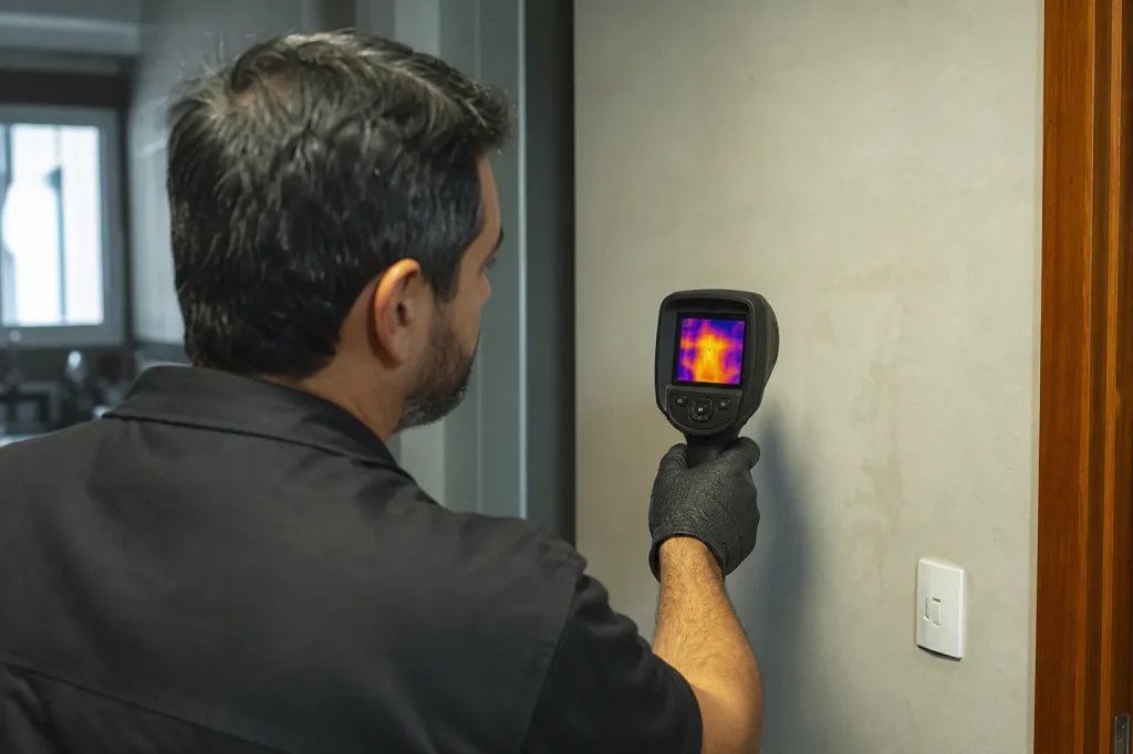 Câmera térmica analisa variação de temperatura na parede para indicar vazamento.